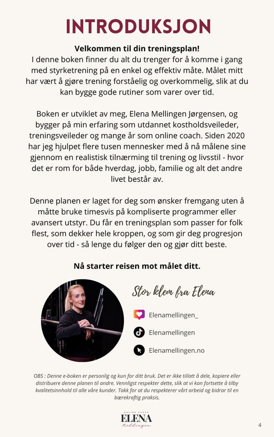 Introduksjonssiden i styrketrening gjort enkelt av Elena Mellingen Jørgensen