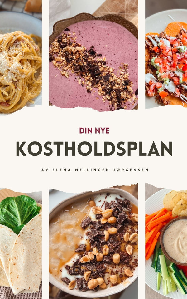 Forsiden av Kostholdsplan, med teksten "Din nye kostholdsplan av Elena Mellingen Jørgensen, og bilder av ulike retter inkludert i e-boken.