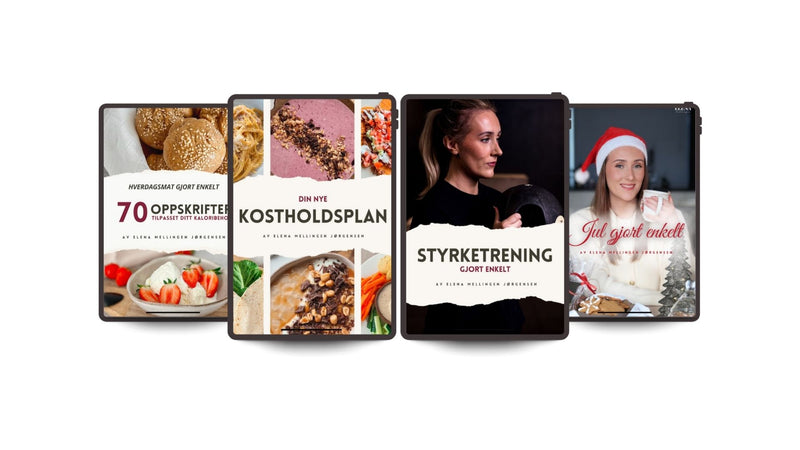 Mockup av alle fire e-bøker fra Elena Mellingen – vist samlet med forsidebilder på hvit bakgrunn.