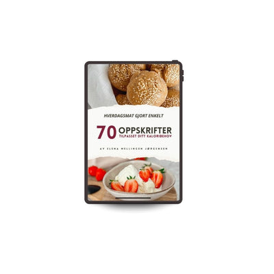 Mockup av e-boken «Hverdagsmat gjort enkelt» fra Elena Mellingen, forsidebilde mot hvit bakgrunn.