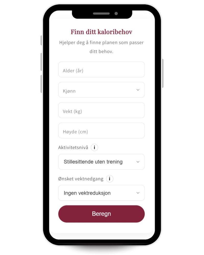 Skjermbilde av gratis kalorikalkulator på mobil som beregner kaloribehov for personlig tilpasset kostholdsplan.