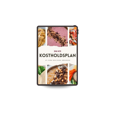 Mockup av e-boken «Kostholdsplan» fra Elena Mellingen, vist med forsidebilde på hvit bakgrunn.