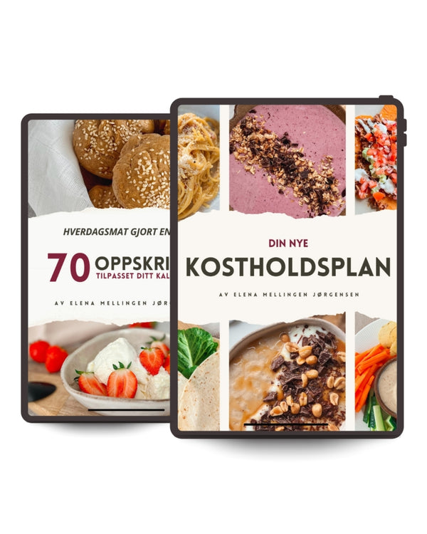 Mockup av e-bøker fra Elena Mellingen – «Kostholdsplan» og «Hverdagsmat gjort enkelt» vist på iPad mot hvit bakgrunn.